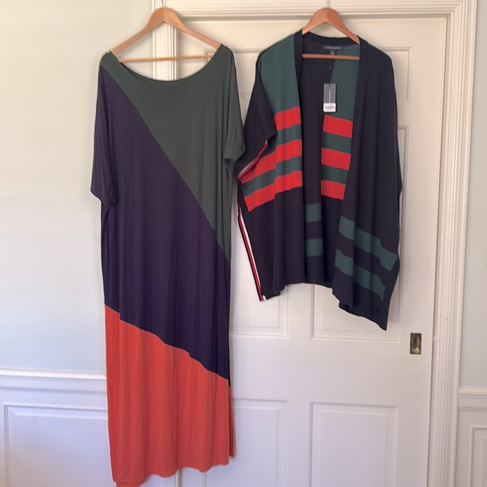 Colorblock Dress + Cardigan Set Size Large 2 Piece Knit Short Sleeves RUGBY